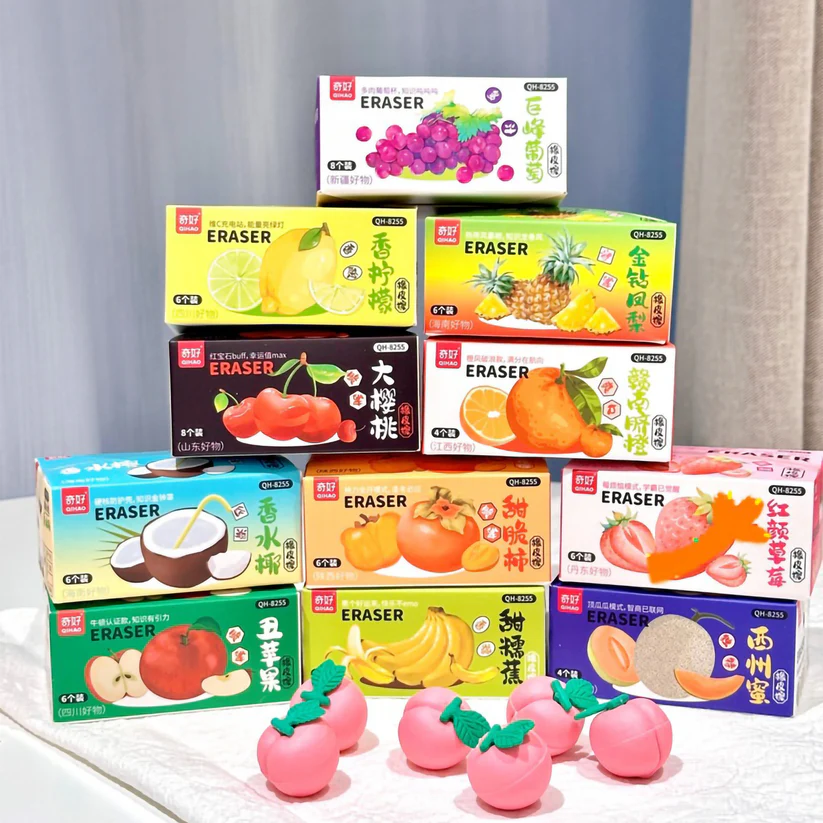 QH-8255 1 Box 6 pcs Mini Cute Fruit Eraser {Random Design }