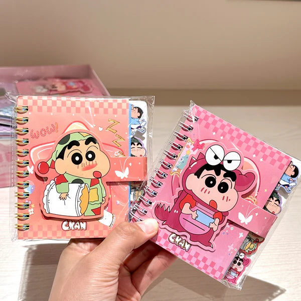 XQ-6407 Shinchan Kawaii Mini Spiral Notebook Cute Anime Pocket Diary Journal with Strap Closure | Cartoon Memo Notepad Gift Set for Kids, Girls & Students {Random Design}