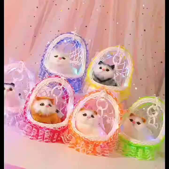 20567 Fluffy Cat With Sound Plush Figurine in Hanging Basket, with Colorful Lights & Music White, Soft Plush Material, with ON/Off Sound Feature, Home Decor Accent