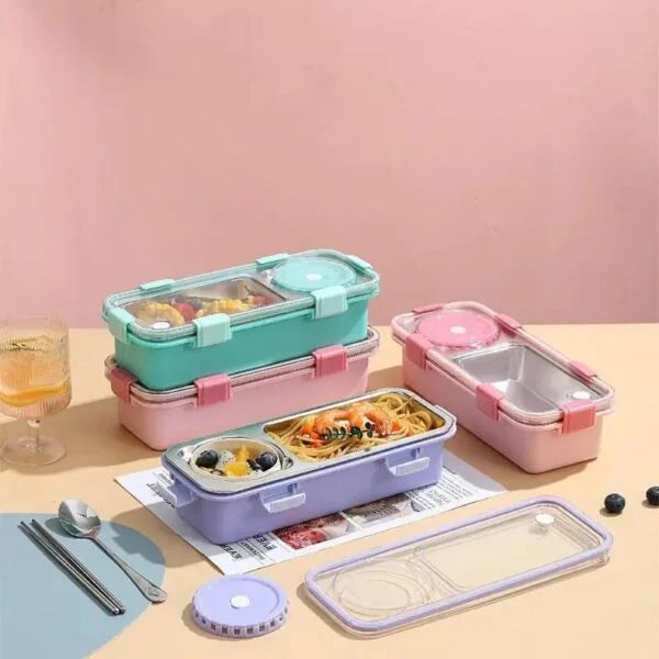 7106 Lunch Box Kids Stainless Steel Lunch Box with 2 Compartment 2 Containers Lunch Box (600 ml, Thermoware)