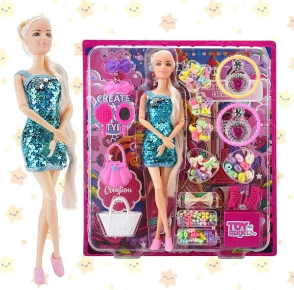 1016 Alia Doll with Colorful Beads Accessory Set, Includes Cute Jewellery Storage Box, Pretend Play Kit for Kids
