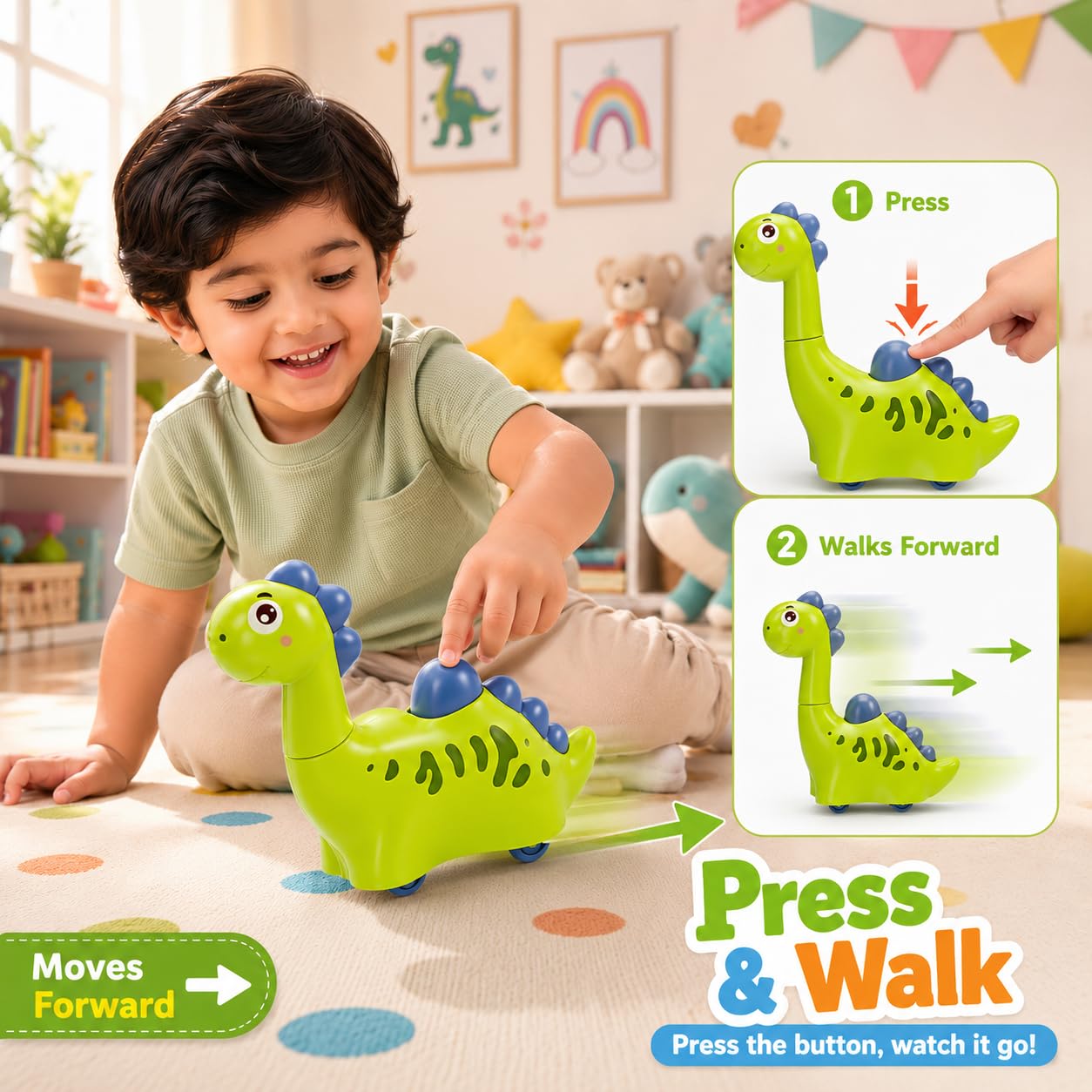 20643 Pull+Push 2 in 1 & Go Dinosaur Toy for Kids, Multicolour, Press & Go Dino Vehicle with Wheels, Safe Durable Plastic {Multicolor}
