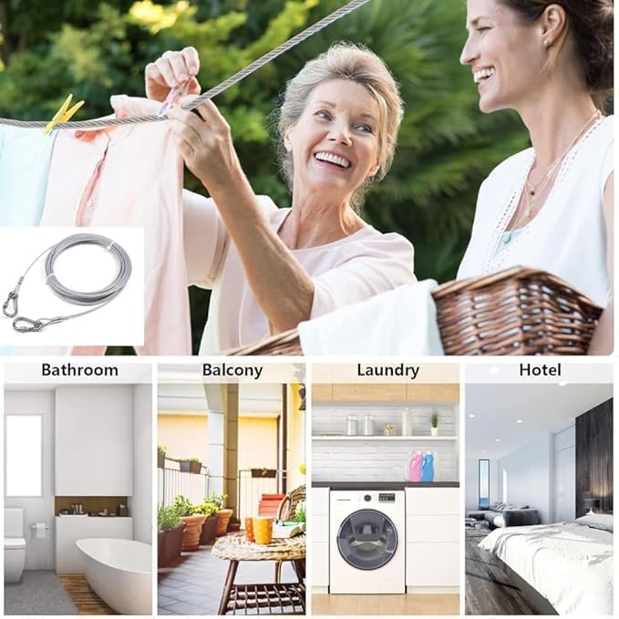 20644 Heavy Duty Clothes Drying Rope 10 Meter with Hooks | Strong Steel Clothesline for Balcony, Travel, Camping & Home Use