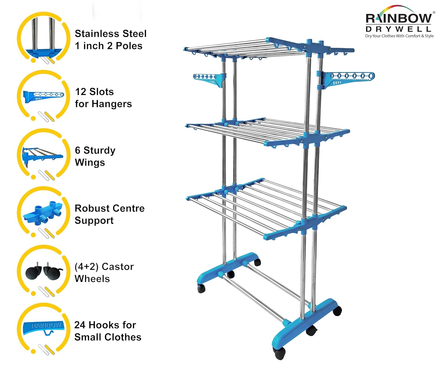 1211 Heavy Duty 4 Tier Stainless Steel Foldable Cloth Drying Stand, 3 Layer Rust-Free Clothes Dryer/Cloth Stand/Laundry Racks/Clothes Hanger for Indoor/Outdoor/Balcony