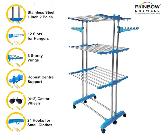 1211 Heavy Duty 4 Tier Stainless Steel Foldable Cloth Drying Stand, 3 Layer Rust-Free Clothes Dryer/Cloth Stand/Laundry Racks/Clothes Hanger for Indoor/Outdoor/Balcony