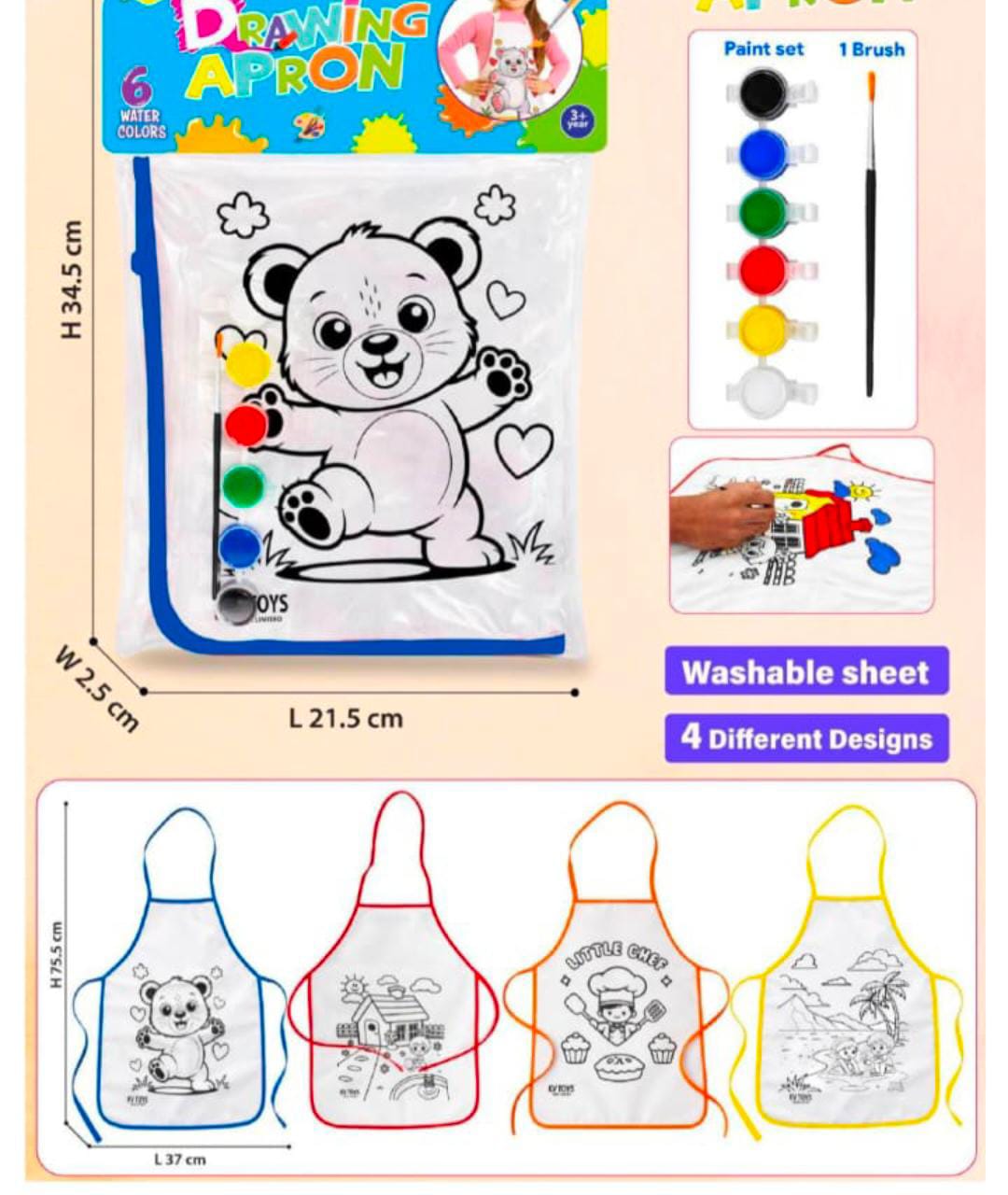 WC-02 Kids Aprons for Activities Drawing Painting & Coloring with Waterproof Apron, Palette, Paints and Brush/Kids- PACK OF 1- COLOR MAY VARY