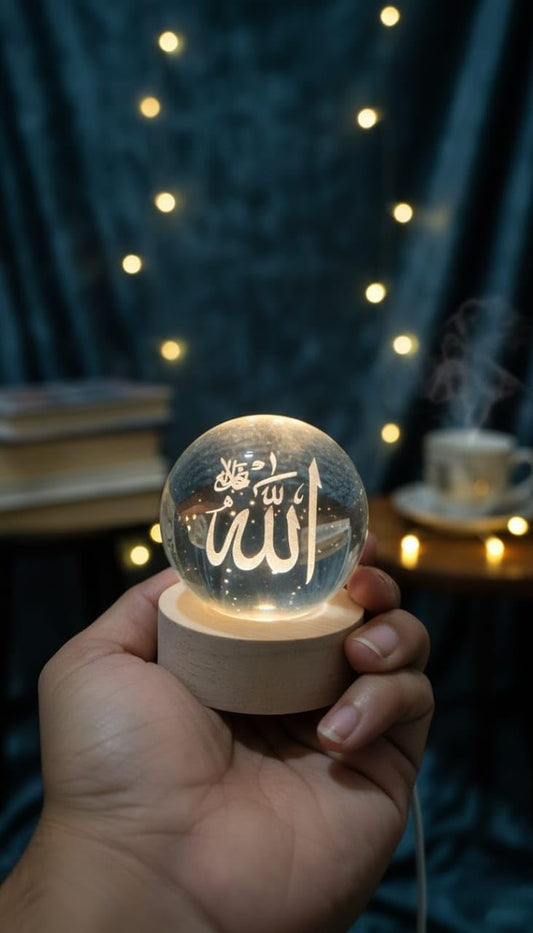 RG-422 Crystal Ball Night Lamp with Allah Calligraphy, LED Light with Wooden Base 3D Crystal Ball Lamp – Laser-Engraved with the Name of Allah