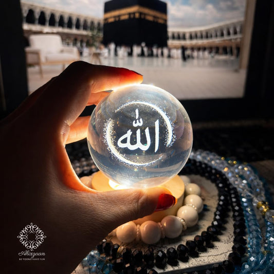 RG-422 Crystal Ball Night Lamp with Allah Calligraphy, LED Light with Wooden Base 3D Crystal Ball Lamp – Laser-Engraved with the Name of Allah