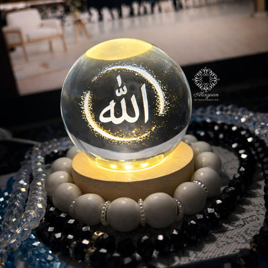 RG-422 Crystal Ball Night Lamp with Allah Calligraphy, LED Light with Wooden Base 3D Crystal Ball Lamp – Laser-Engraved with the Name of Allah