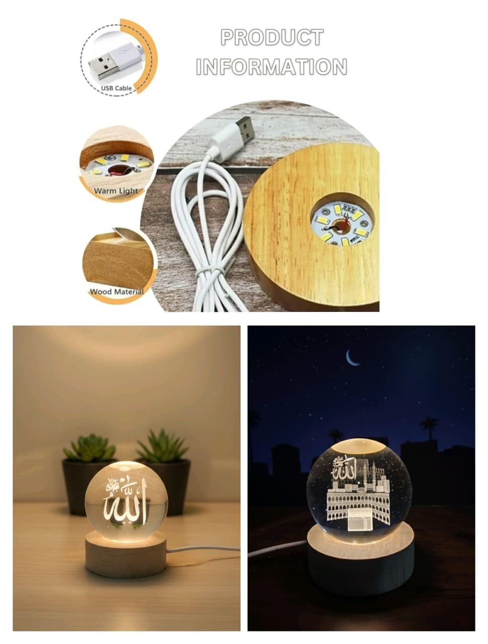 RG-422 Crystal Ball Night Lamp with Allah Calligraphy, LED Light with Wooden Base 3D Crystal Ball Lamp – Laser-Engraved with the Name of Allah