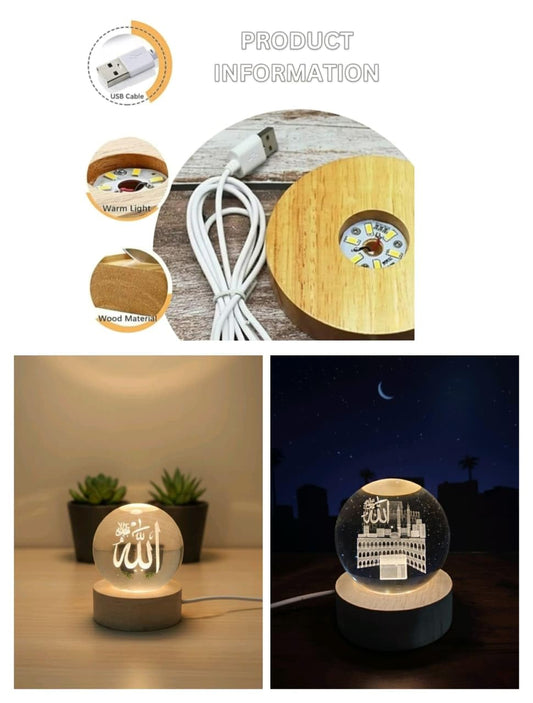 RG-422 Crystal Ball Night Lamp with Allah Calligraphy, LED Light with Wooden Base 3D Crystal Ball Lamp – Laser-Engraved with the Name of Allah