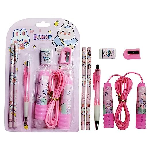 ST-23 Stationery Set for Kids - 6 Pcs Combo | Includes Pen, Pencil, Sharpener, Eraser, and Skipping Rope | Perfect Birthday Return Gifts for Girls and boys
