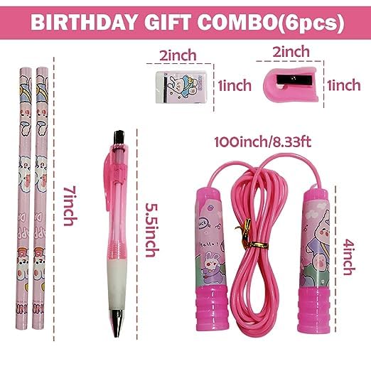 ST-23 Stationery Set for Kids - 6 Pcs Combo | Includes Pen, Pencil, Sharpener, Eraser, and Skipping Rope | Perfect Birthday Return Gifts for Girls and boys