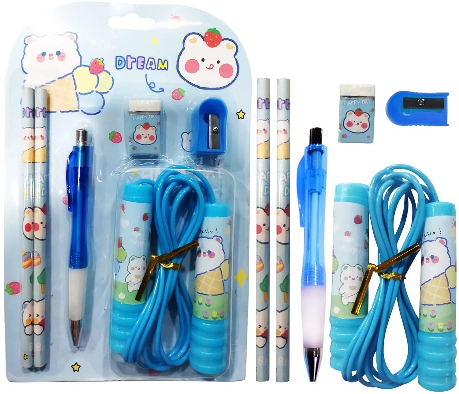 ST-23 Stationery Set for Kids - 6 Pcs Combo | Includes Pen, Pencil, Sharpener, Eraser, and Skipping Rope | Perfect Birthday Return Gifts for Girls and boys