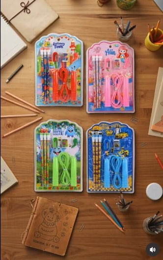 ST-23 Stationery Set for Kids - 6 Pcs Combo | Includes Pen, Pencil, Sharpener, Eraser, and Skipping Rope | Perfect Birthday Return Gifts for Girls and boys