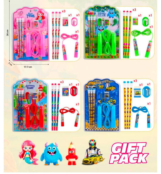 ST-23 Stationery Set for Kids - 6 Pcs Combo | Includes Pen, Pencil, Sharpener, Eraser, and Skipping Rope | Perfect Birthday Return Gifts for Girls and boys
