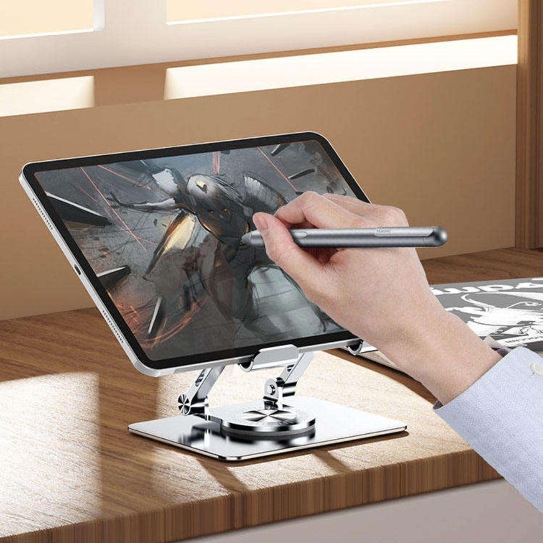 P2 Premium Adjustable Foldable Metal Mobile & Tablet Stand for Desk, Office, Study, Kitchen & Gaming – Heavy Duty 360° Rotating Multi-Angle Mobile Compatible with All Smartphones(Black/Silver)