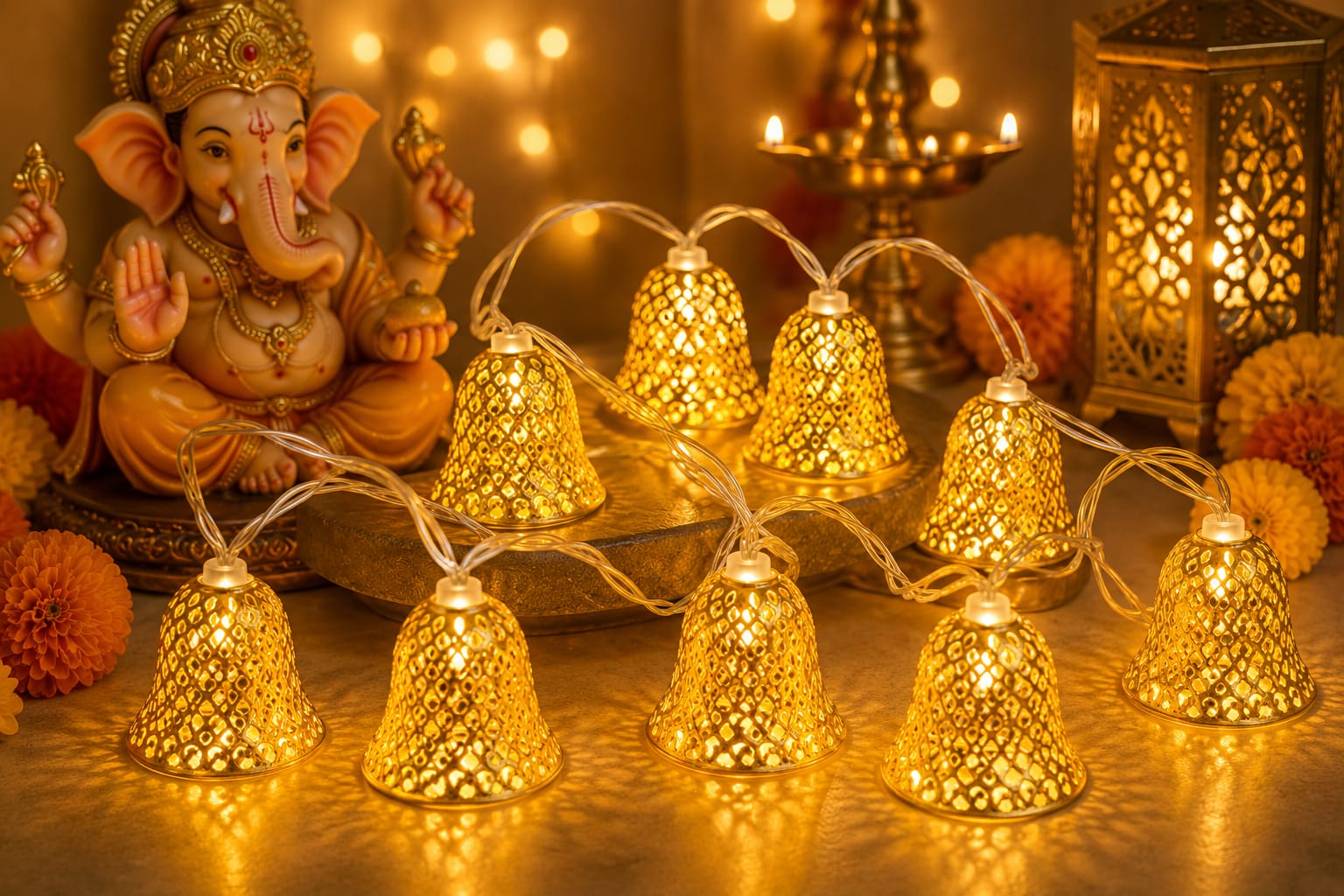 21113 Festive Golden LED string light Jhumka shaped Size-14*7*9