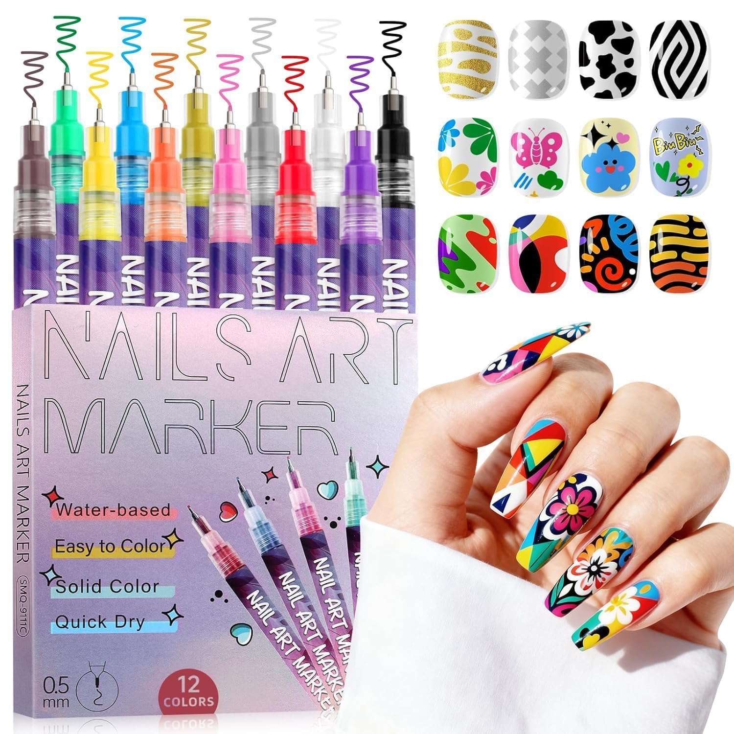 21118 { 12 Color} Nail Art Pens Set, Nail Polish Pens 0.5MM Fine Tip Acrylic Paint Pen Nail Art Markers Quick-Dry Nail Art Tools for Dotting Drawing Painting DIY Nail Art Beauty Manicure