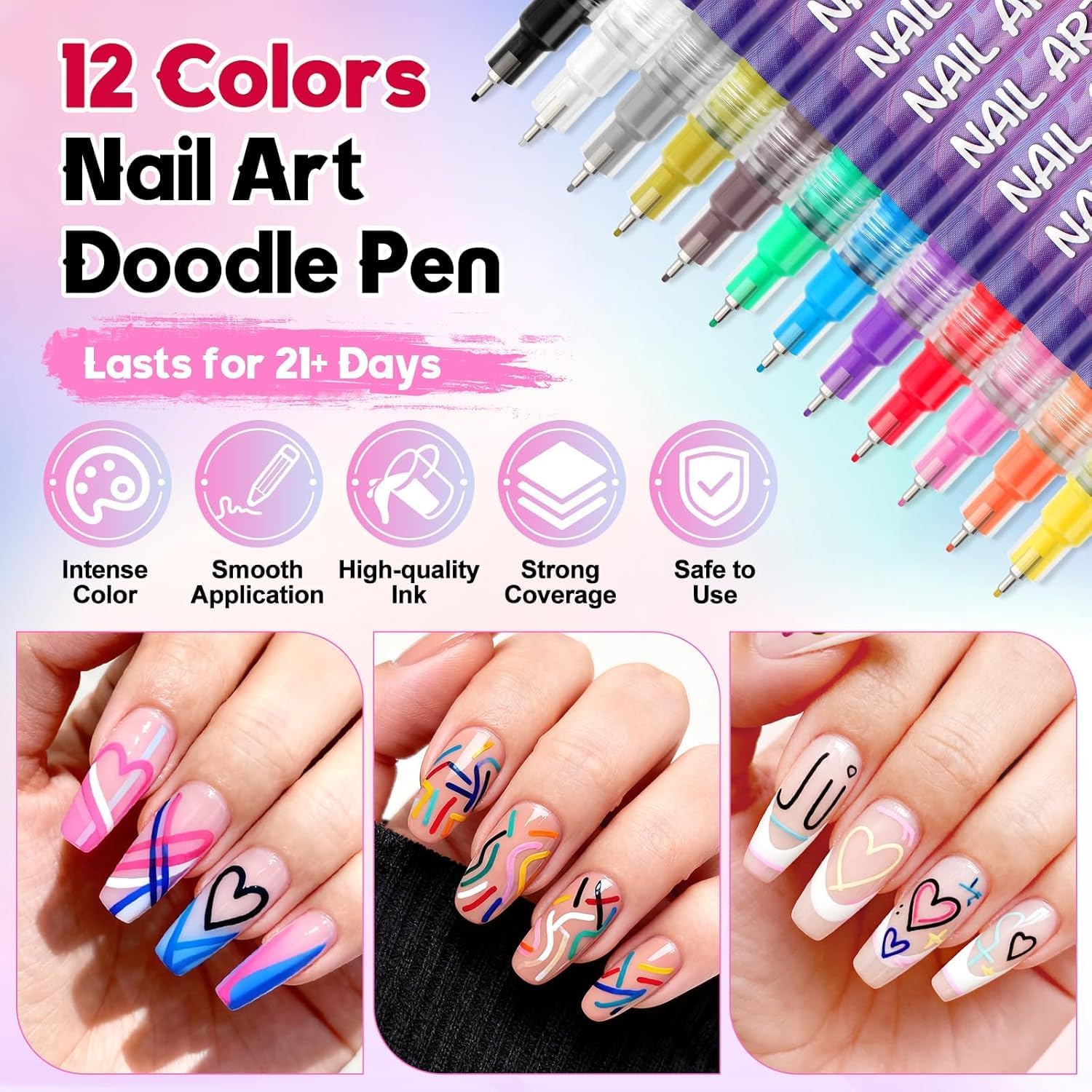 21118 { 12 Color} Nail Art Pens Set, Nail Polish Pens 0.5MM Fine Tip Acrylic Paint Pen Nail Art Markers Quick-Dry Nail Art Tools for Dotting Drawing Painting DIY Nail Art Beauty Manicure