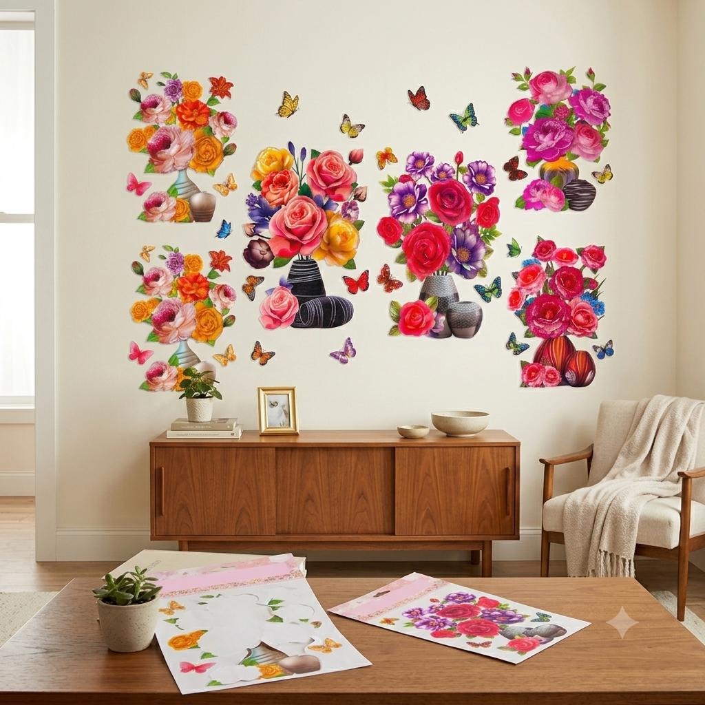 HH-011 3D Vase Wall Stickers, Stereo Flower Wall Stickers, DIY Red Overlay Floral Wall Decor Removable Waterproof Wall Art for Bedroom, Living Room, Office, Study