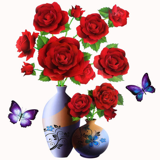 HH-011 3D Vase Wall Stickers, Stereo Flower Wall Stickers, DIY Red Overlay Floral Wall Decor Removable Waterproof Wall Art for Bedroom, Living Room, Office, Study