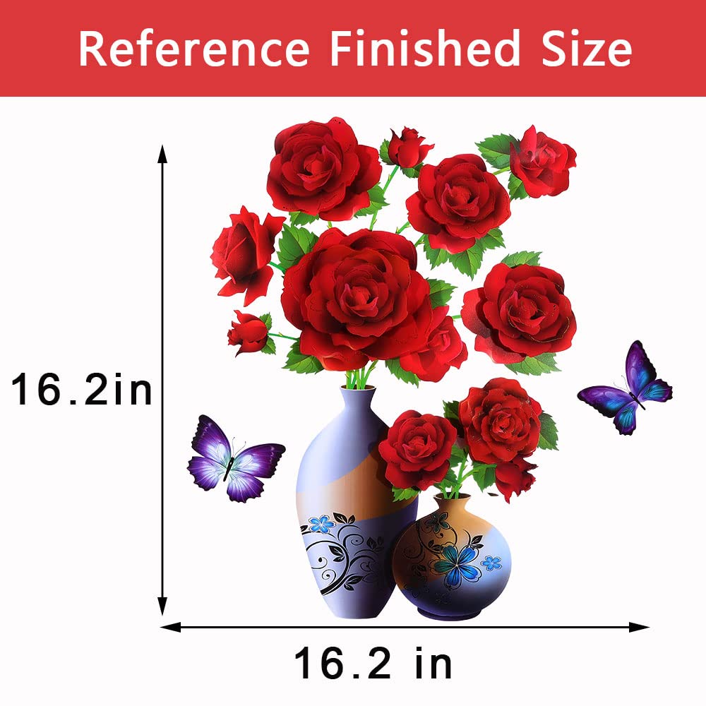 HH-011 3D Vase Wall Stickers, Stereo Flower Wall Stickers, DIY Red Overlay Floral Wall Decor Removable Waterproof Wall Art for Bedroom, Living Room, Office, Study