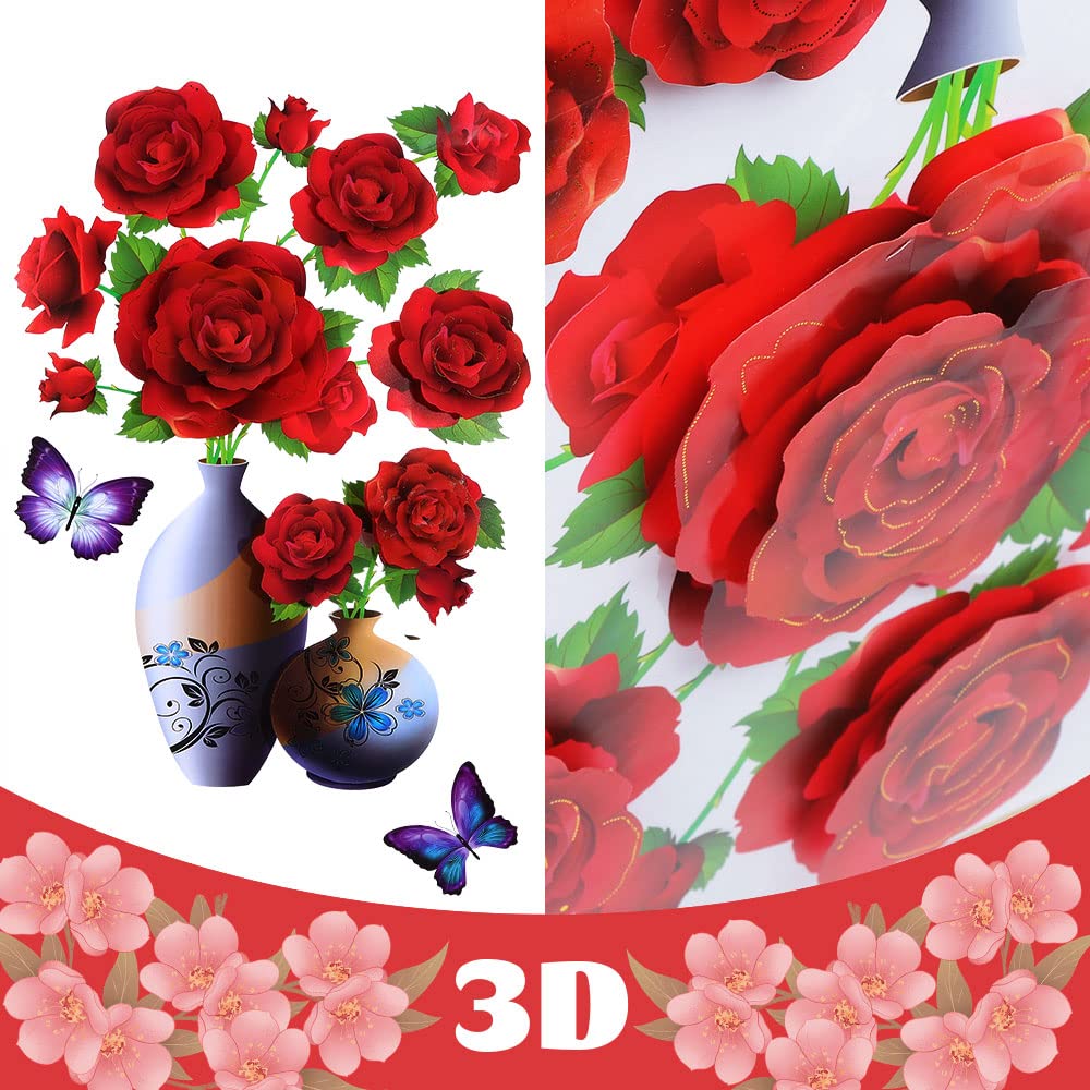 HH-011 3D Vase Wall Stickers, Stereo Flower Wall Stickers, DIY Red Overlay Floral Wall Decor Removable Waterproof Wall Art for Bedroom, Living Room, Office, Study