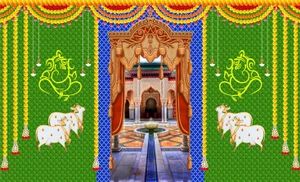PJD-371 Backdropon Banana Leaf and Hanging Flower with Yellow Ganeshji Design Backdrop for Pooja Decoration Traditional/Background Curtain Cloth for Pooja/Festival Size 5 Feet Height and 8 Feet Width(5 * 8)