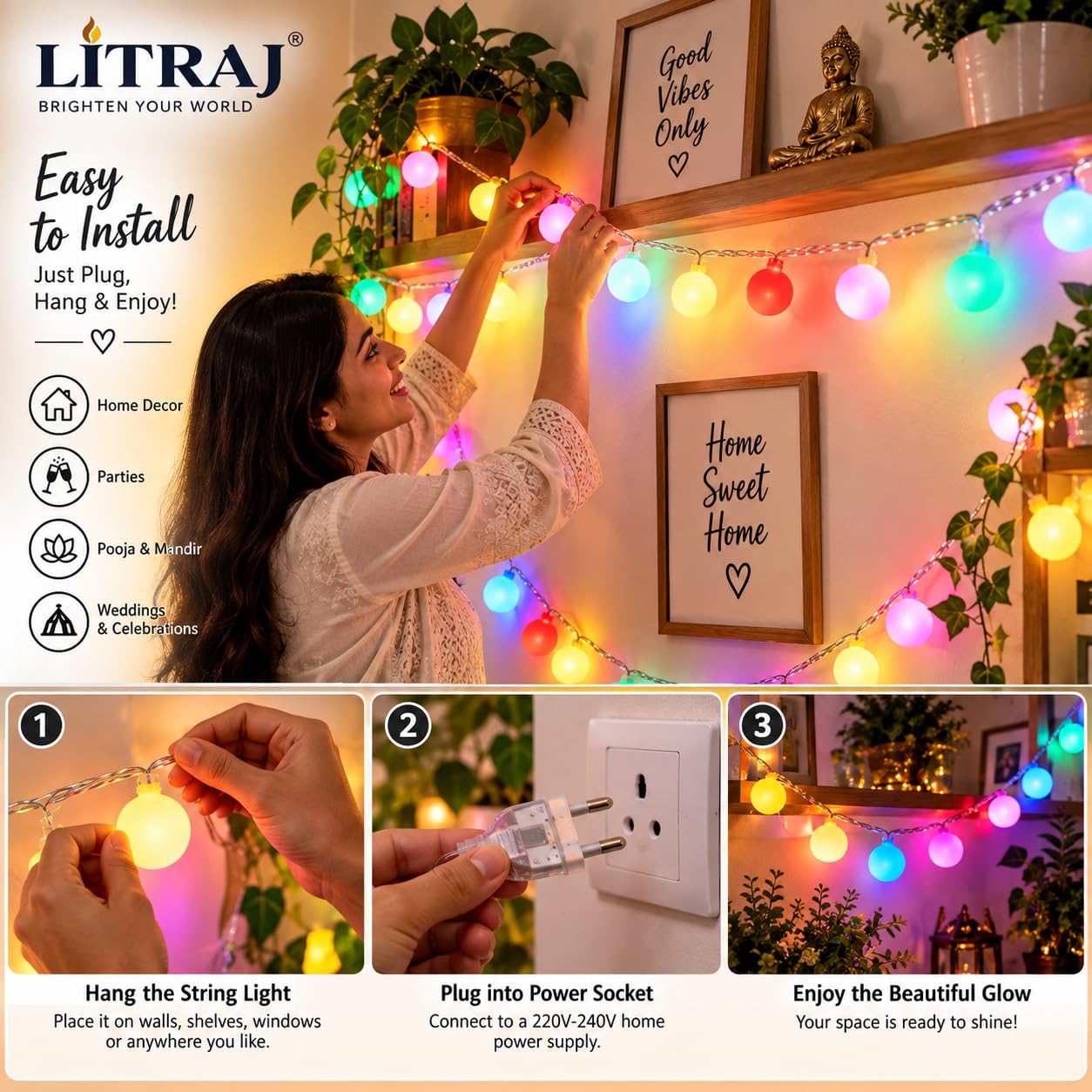 21282 25 LED Globe String Lights 10 Meter for Multicolor Home Decoration, Fairy Lights for Living Room, Balcony, Garden, Terrace & Wall Décor, Party, Wedding, Birthday, Diwali & Festivals