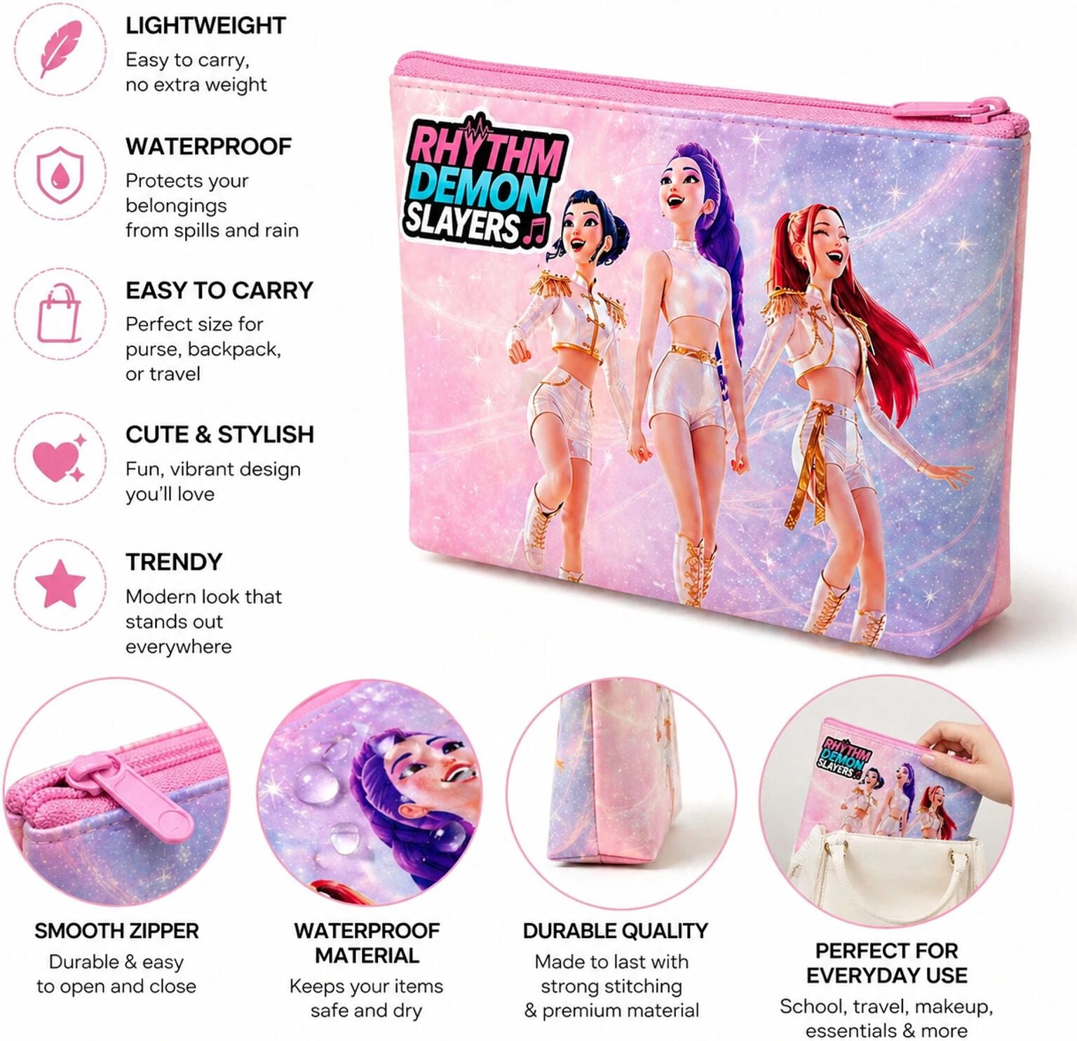 21290 K Pop Demon Music Idol-Inspired A4 Document Pouch for Office & School | Water-Resistant Faux Leather Organizer for Certificates & Stationery | Spacious Multi-Purpose Zip Folder [Random Colour]