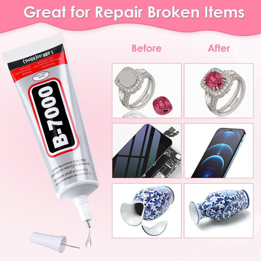 B-7000 Industrial Strength Adhesive Glue 50ml with Precision Tip, Multi-Purpose Clear Glue for Mobile Phone, Rhinestones, Crafts, Shoes, Fabric, Jewelry, Aari Work, Beads