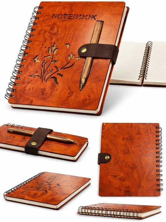 21293 Wooden Cover Spiral Notebook with Pen | Eco-Friendly Diary with Laser-Cut Floral Design & Wooden Pen | Reusable Writing Journal for Office, School, Travel & Gifting | Hard Cover Rustic Notepad