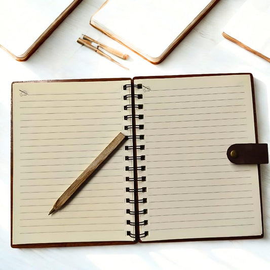 21293 Wooden Cover Spiral Notebook with Pen | Eco-Friendly Diary with Laser-Cut Floral Design & Wooden Pen | Reusable Writing Journal for Office, School, Travel & Gifting | Hard Cover Rustic Notepad