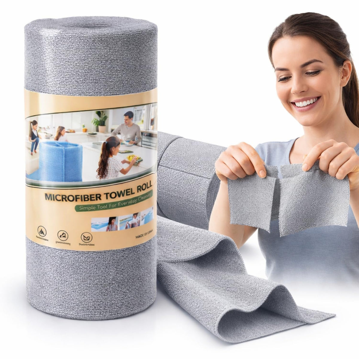 21303 Microfiber Cleaning Cloth Roll, 20Pcs, 4000 Times Washable - 10X Cheaper Than Paper Kitchen Towel Roll - Ultra Absorbent Lint Free Microfiber Cleaning Cloth for Kitchen - Tearable, Reusable
