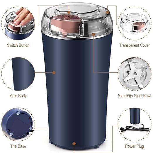 21304 Stainless Steel Dry Mixer Grinder | Portable Electric Masala & Coffee Bean Grinder | Mini Spice Blender with One-Touch Push Button Control for Kitchen & Home Use