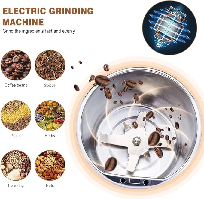 21304 Stainless Steel Dry Mixer Grinder | Portable Electric Masala & Coffee Bean Grinder | Mini Spice Blender with One-Touch Push Button Control for Kitchen & Home Use