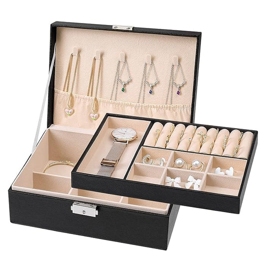 21306 Leather Double Layer Jewelry Box with Wooden Frame Women Cosmetics Storage for Rings Necklace Earrings Bracelets Jewelry Storage Box Organizer Travel with Lock for Women