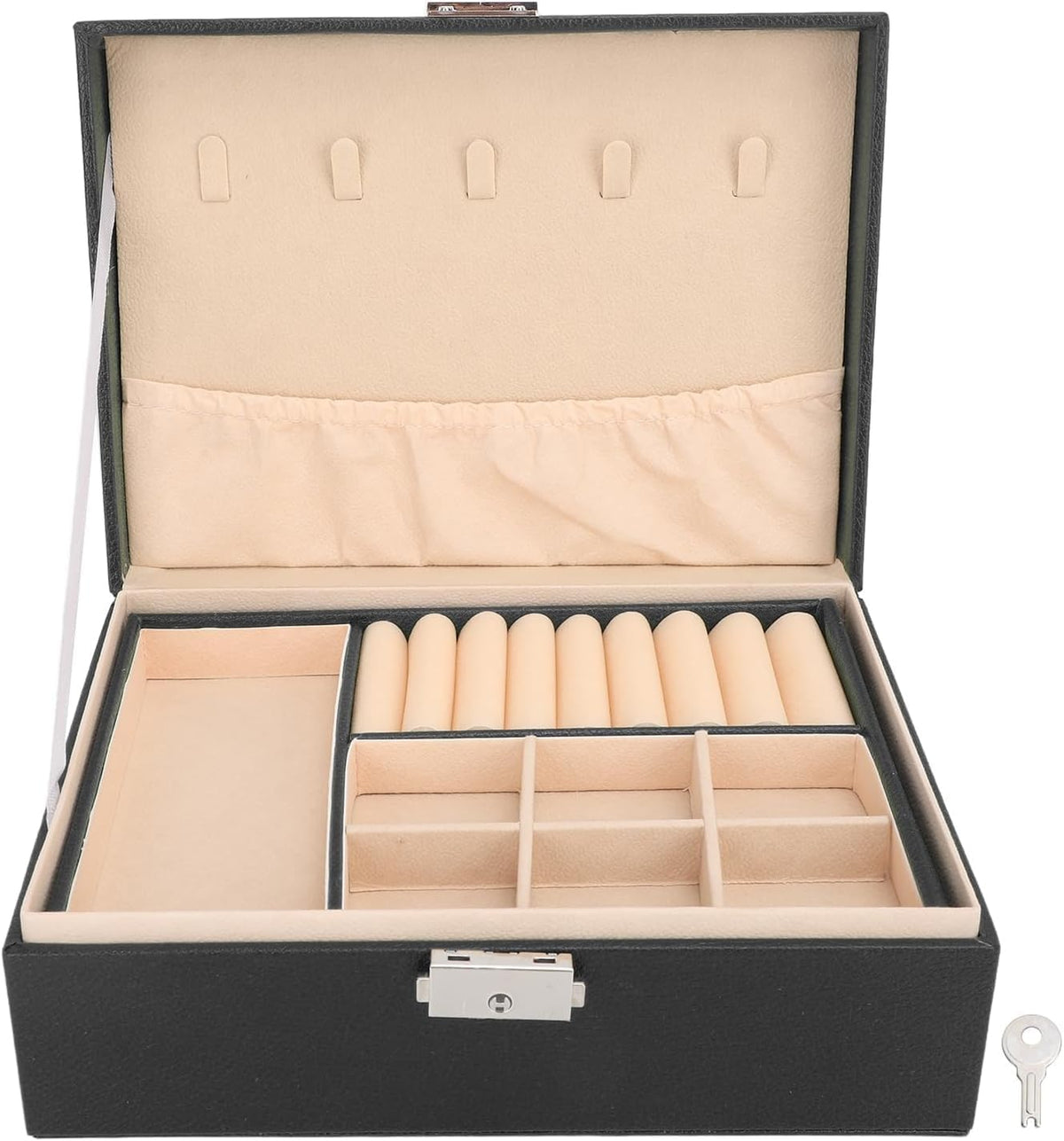 21306 Leather Double Layer Jewelry Box with Wooden Frame Women Cosmetics Storage for Rings Necklace Earrings Bracelets Jewelry Storage Box Organizer Travel with Lock for Women