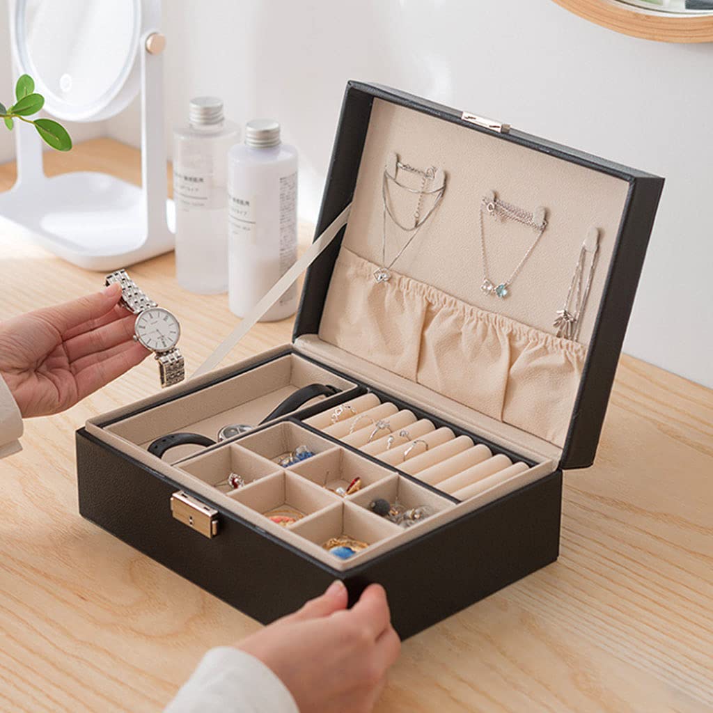 21306 Leather Double Layer Jewelry Box with Wooden Frame Women Cosmetics Storage for Rings Necklace Earrings Bracelets Jewelry Storage Box Organizer Travel with Lock for Women