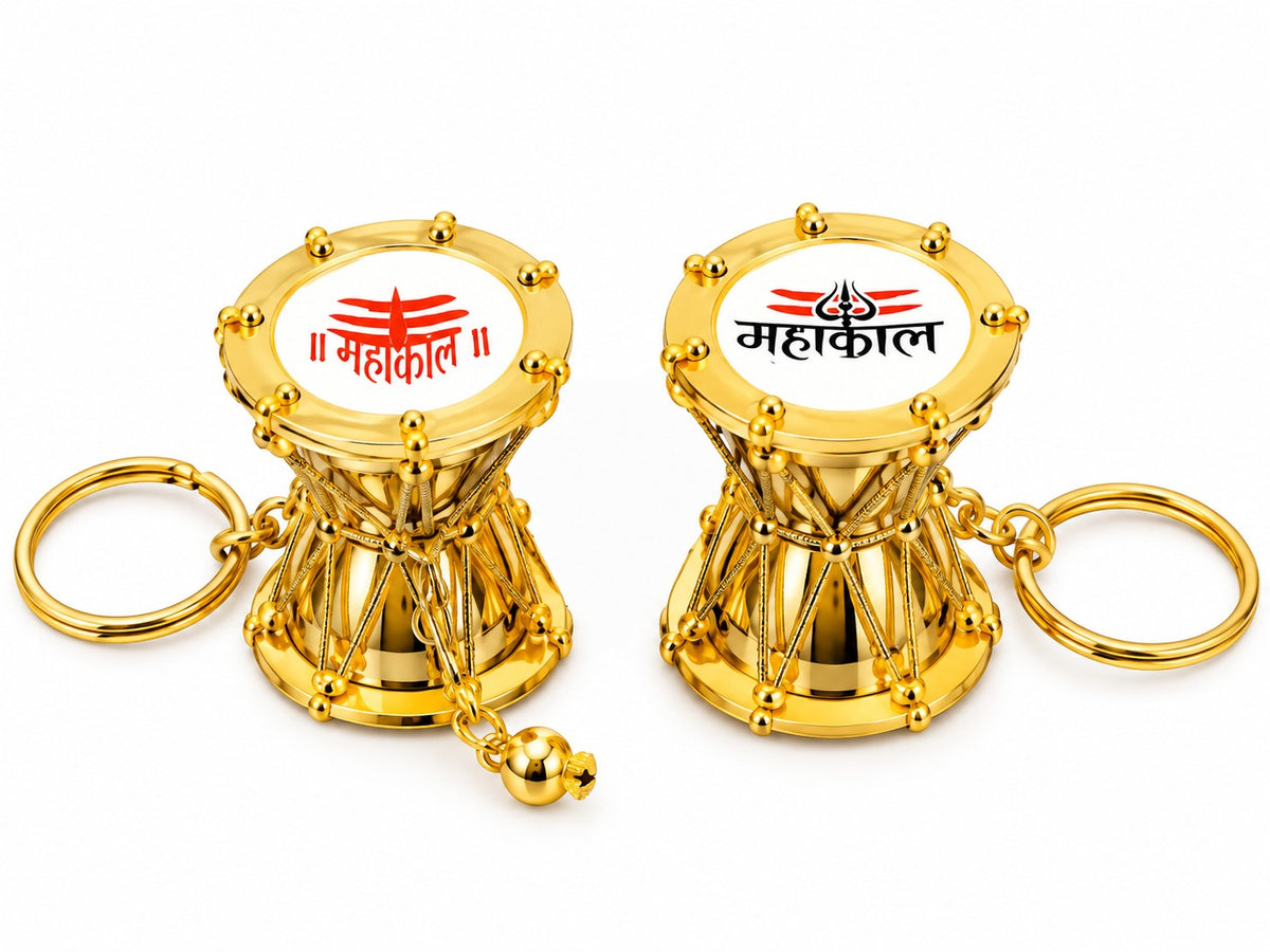 21308 [Pack of 24] Golden Mahakal Mini Dholak Keychain – Premium Devotional Keyring