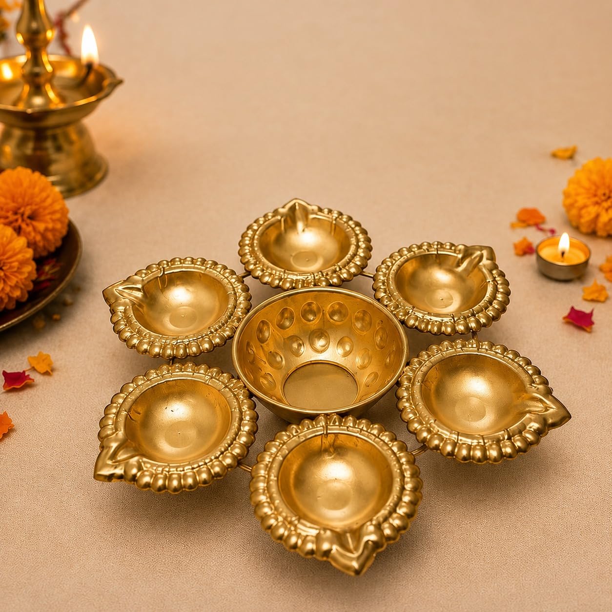 21234 Decorative Metal Urli with 6 Oil Diyas & Tealight Candle Holder Traditional Puja Urli for Home Decor, For Living Room, Entrance, Mandir & Festive Decoration, Diwali Gift