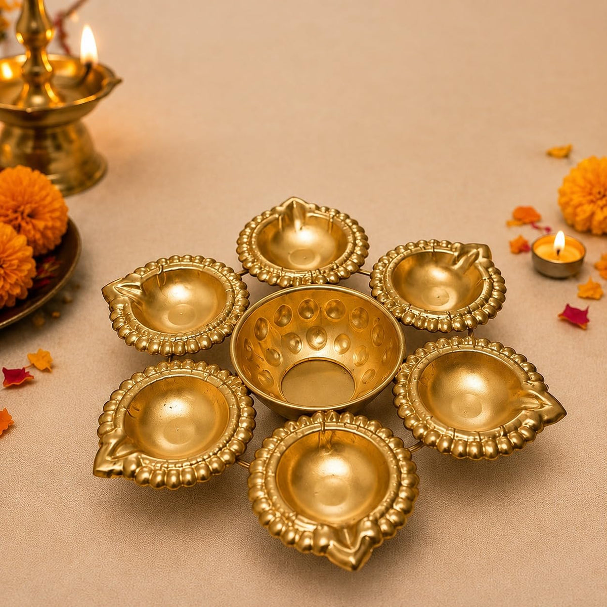 21234 Decorative Metal Urli with 6 Oil Diyas & Tealight Candle Holder Traditional Puja Urli for Home Decor, For Living Room, Entrance, Mandir & Festive Decoration, Diwali Gift