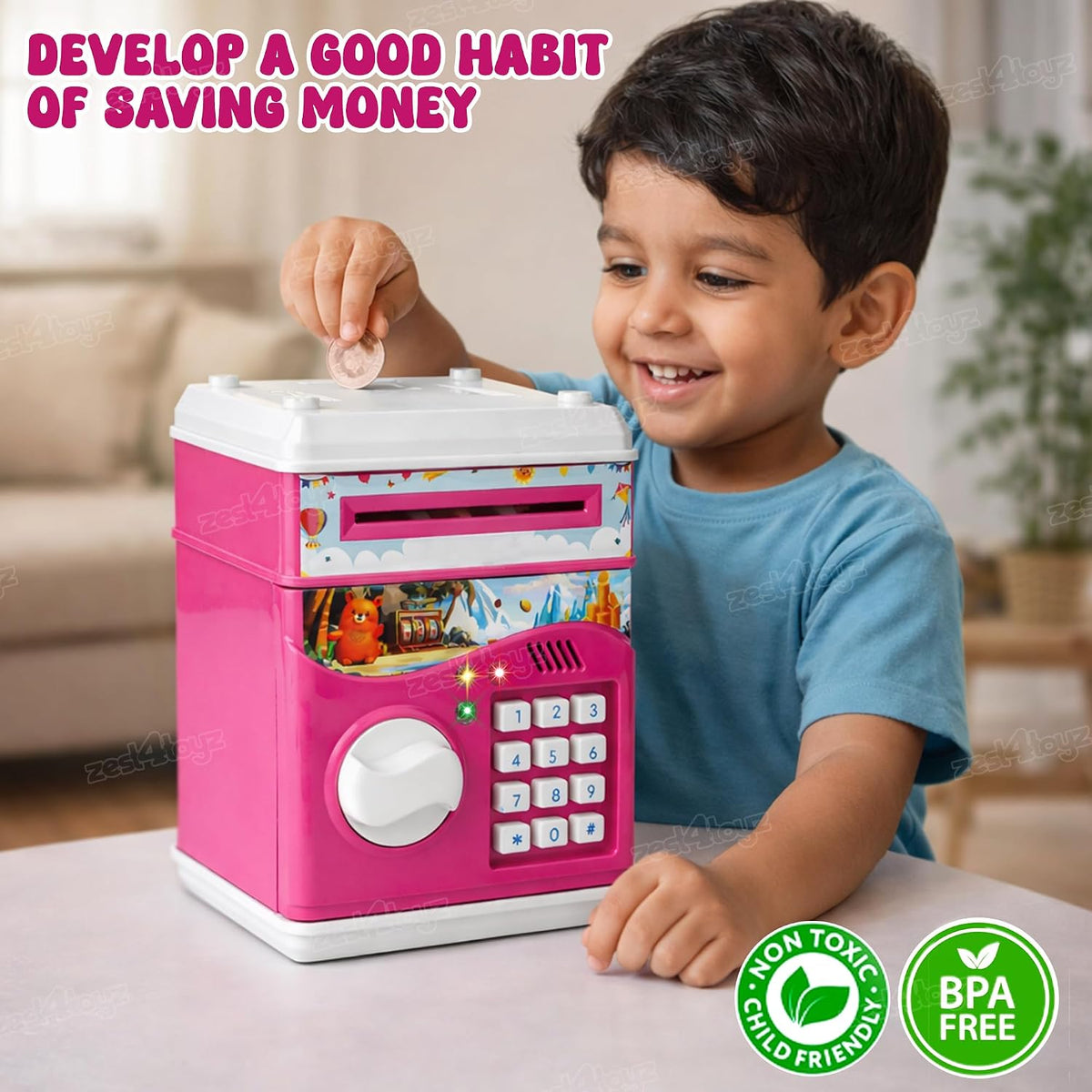 10514 Zest 4 Toyz Money Piggy Bank Toy for Kids Gullak Money Safe with Number Password Money Saving Mini ATM Toy with Lights and Sound Money Bank for Kids