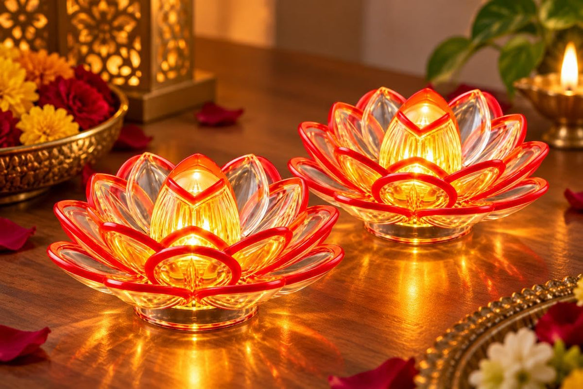 21376 Transparent Flower LED Tea Light Candles Flameless Smokeless Battery Operated Decorative Diya Lights | Lotus Flower Shape for Diwali, Pooja, Home Decor & Festivals