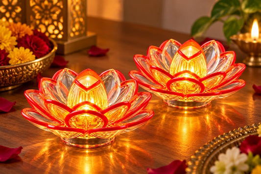 21376 Transparent Flower LED Tea Light Candles Flameless Smokeless Battery Operated Decorative Diya Lights | Lotus Flower Shape for Diwali, Pooja, Home Decor & Festivals