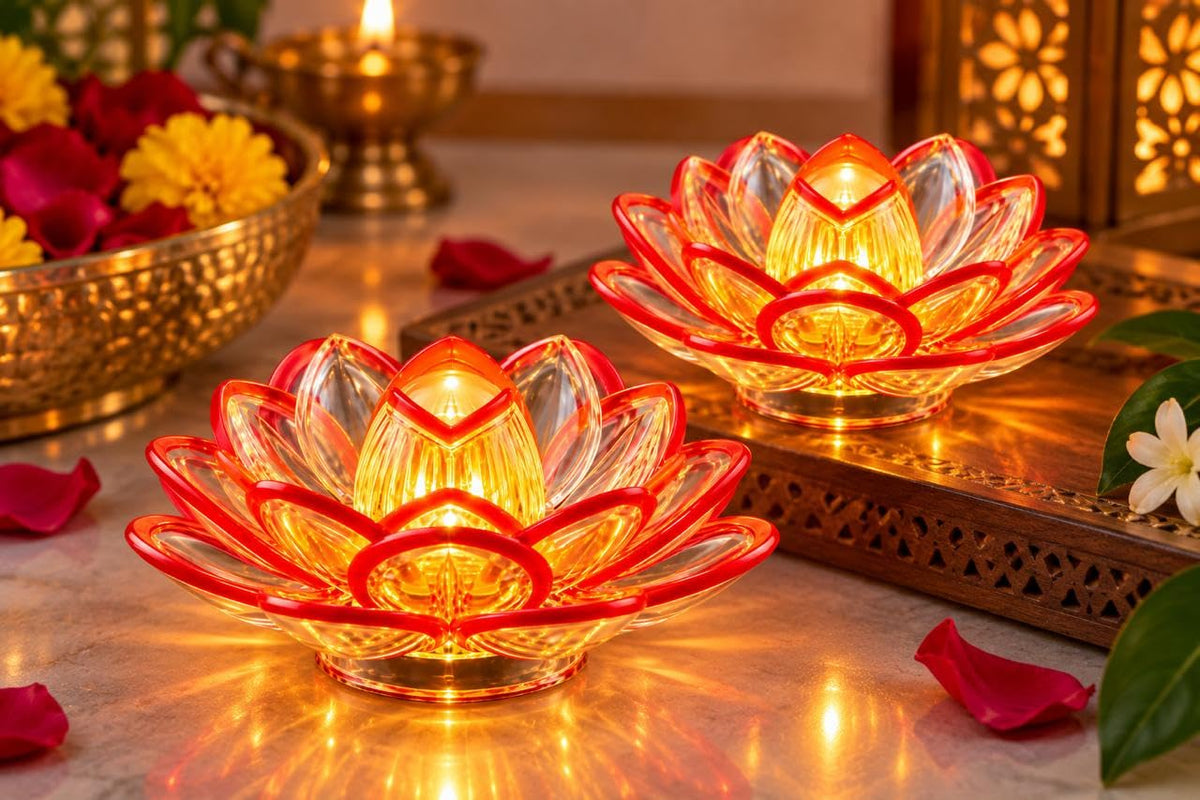 21376 Transparent Flower LED Tea Light Candles Flameless Smokeless Battery Operated Decorative Diya Lights | Lotus Flower Shape for Diwali, Pooja, Home Decor & Festivals