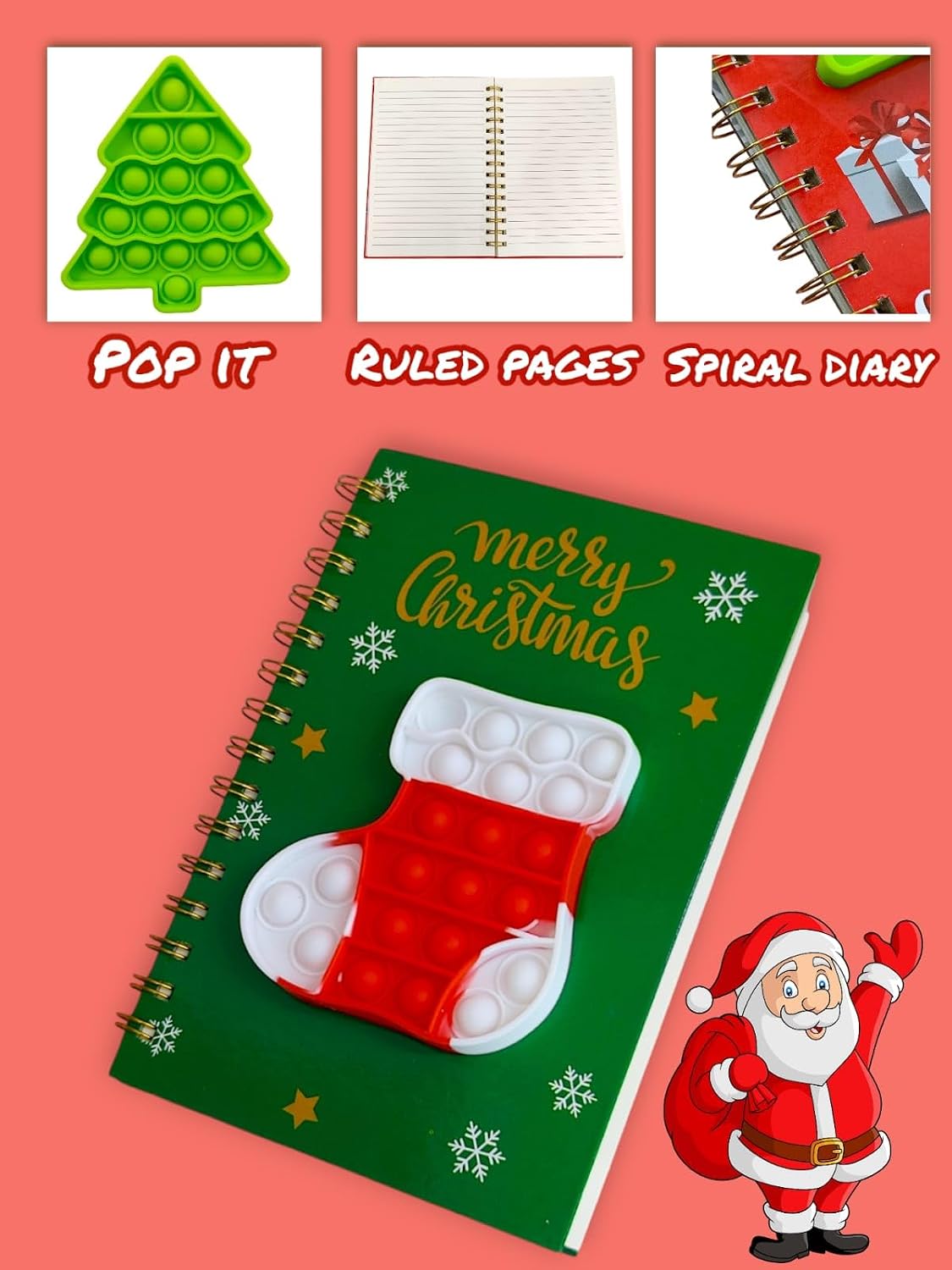 21562 Merry Christmas Pop-It Diary Note Book For Kids (Pack Of 1 Pcs) Festive Retun Gift For Kids, Personal Notebook, 100 Ruled Page, A6 Size For Note Making, Random Design