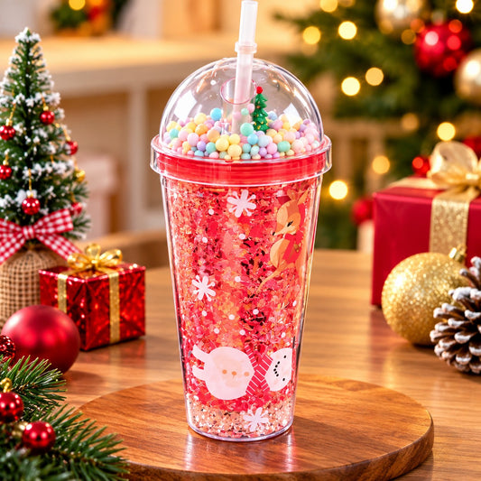 PS5324 Christmas Glitter Tumbler with Dome Lid, Straw & Moving Beads – Reusable Cold Drink Cup