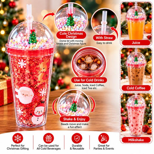 PS5324 Christmas Glitter Tumbler with Dome Lid, Straw & Moving Beads – Reusable Cold Drink Cup